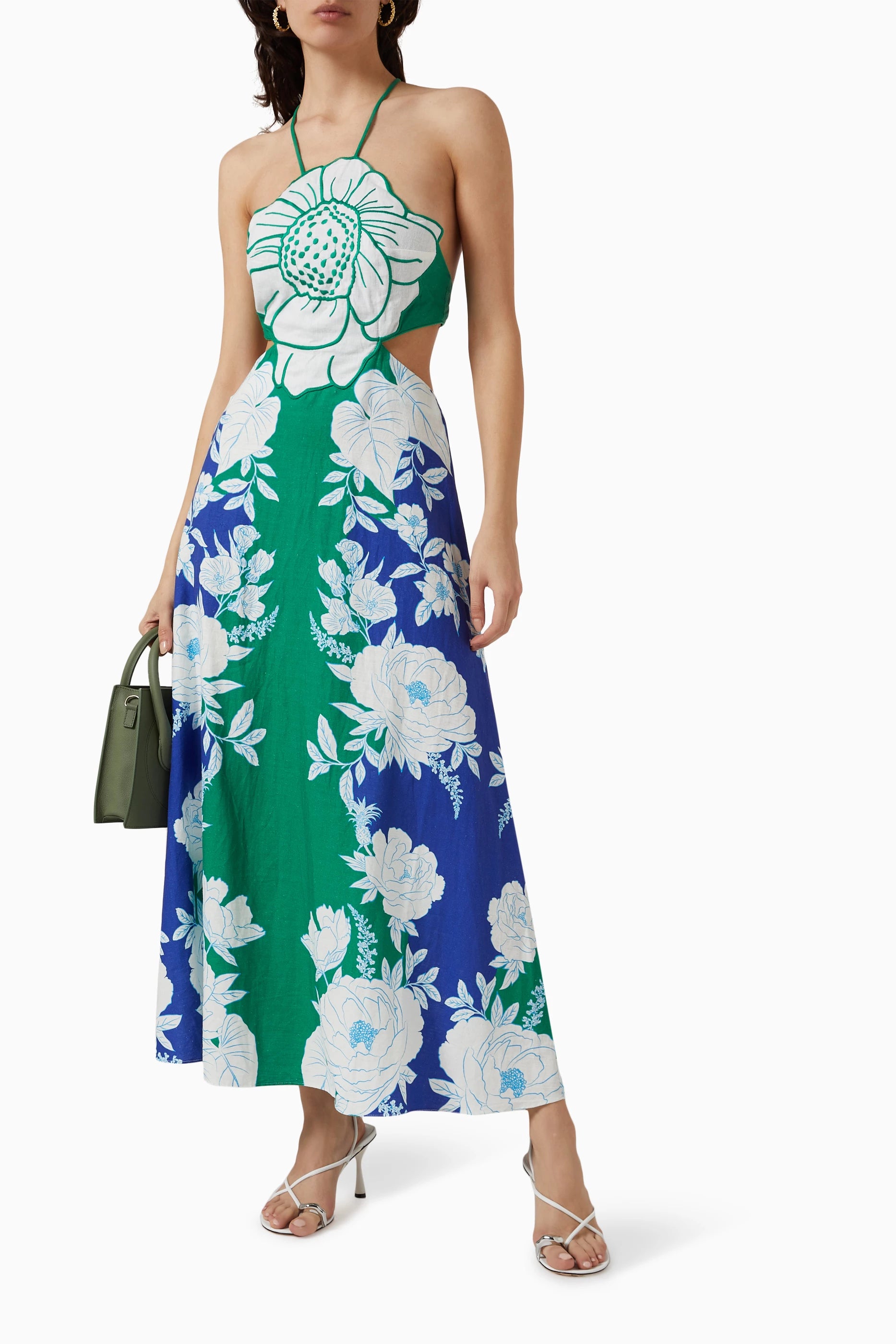 Über Tropic Time – Neckholder-Midikleid aus Leinenmischung mit Blumendetail auf der Rückseite und Schnürung