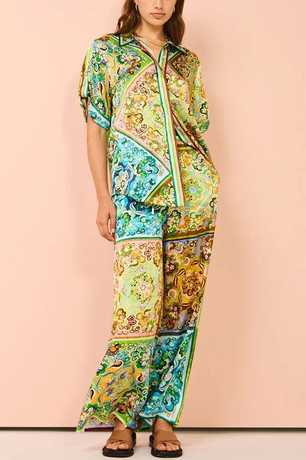 Joselyn Paisley Colorblock Einzigartiger Druck Elastischer Bund Taschen Hosenset