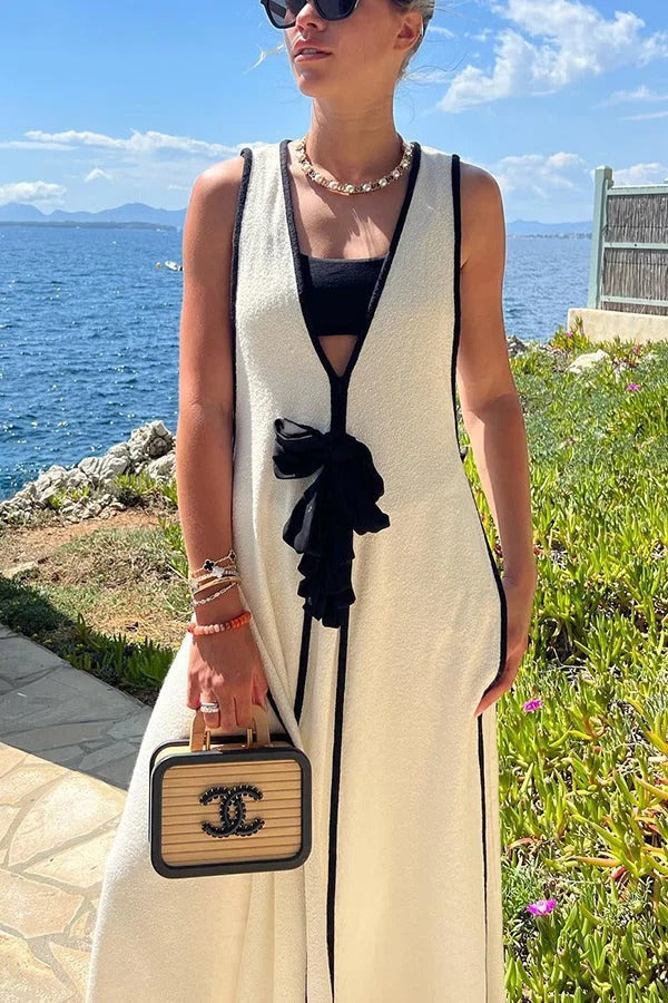 Boat Date Strick-Maxikleid mit Kontrast-Print und Selbstbindung in Übergröße