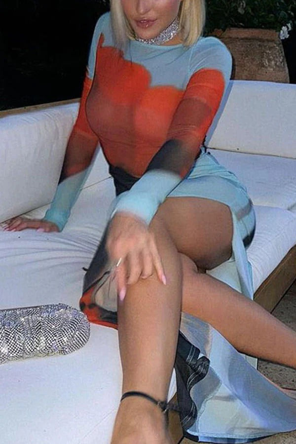 Mesh-Maxikleid mit Blumendruck, Rundhalsausschnitt, langen Ärmeln und Stretch