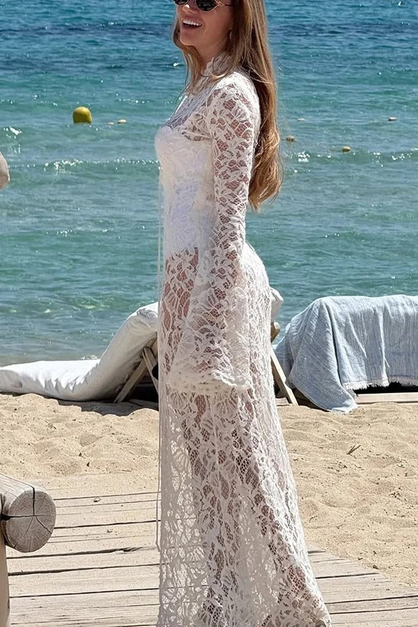 Garcelle Floral Lace Lace-up Long Bell Sleeve Slit Midi Dress
