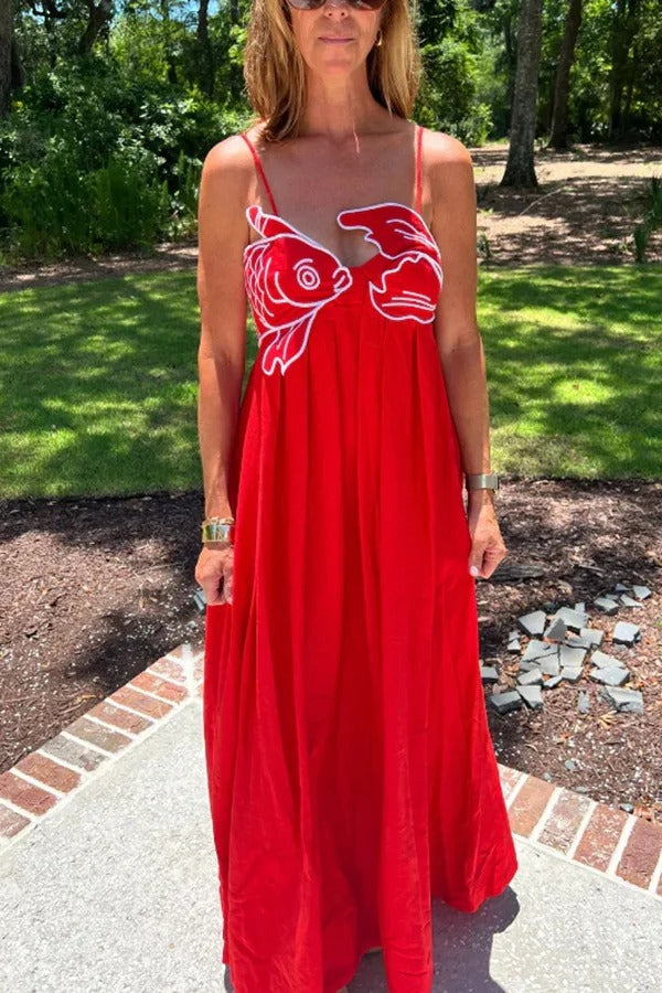 Robe longue dos nu brodée de poissons rouges
