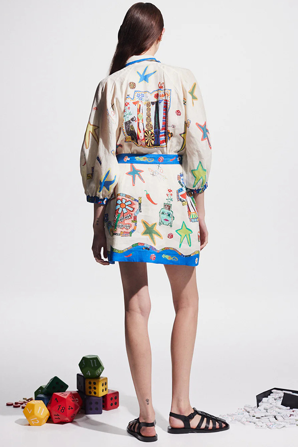 Einzigartig bedrucktes Minikleid aus Leinenmischung mit Ballonärmeln, Tasche und Bindegürtel