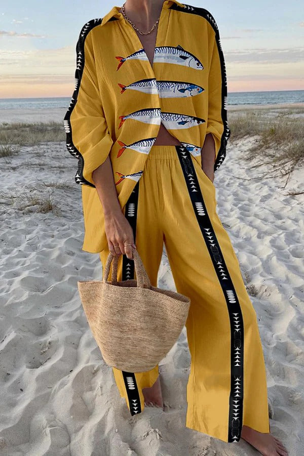 Einzigartiges Set mit Oversize-Hemd mit Ozean-Print und Hose mit elastischer Taille und Taschen