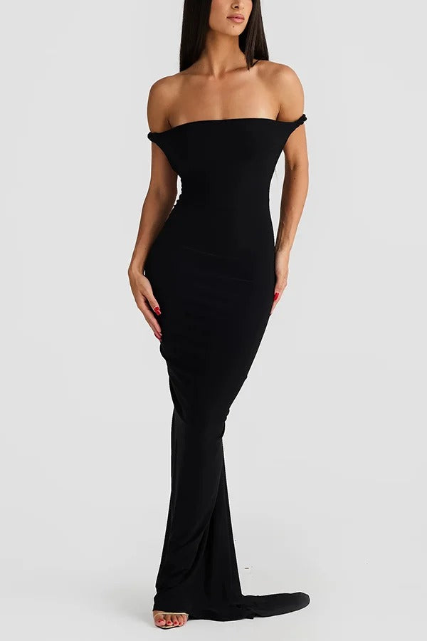 Robe longue sexy à col licou et dos nu froncé, coupe slim