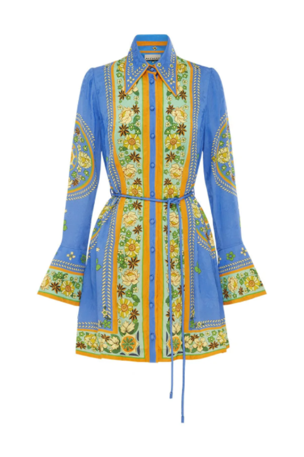 Katia – Minikleid aus Satin mit einzigartigem Druck und geformtem Kragen und Bindegürtel in der Taille