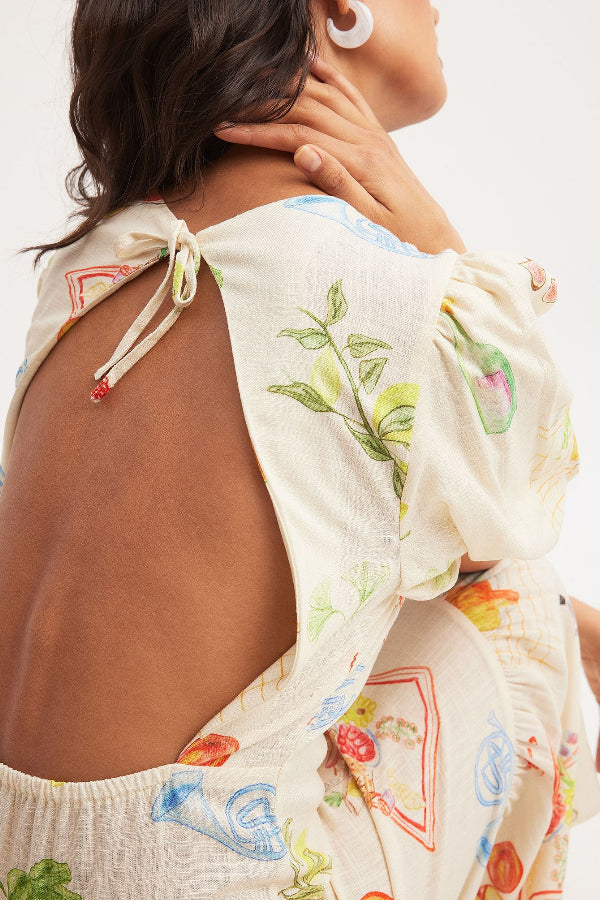 Rückenfreies Midikleid aus Napa-Leinenmischung mit einzigartigem Druck, Puffärmeln, elastischer Taille