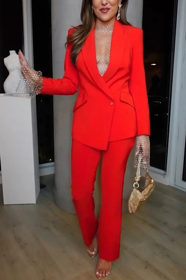 Luxe Lifestyle Set aus Blazer mit einem Knopf und Revers und gerader Anzughose mit Taschen