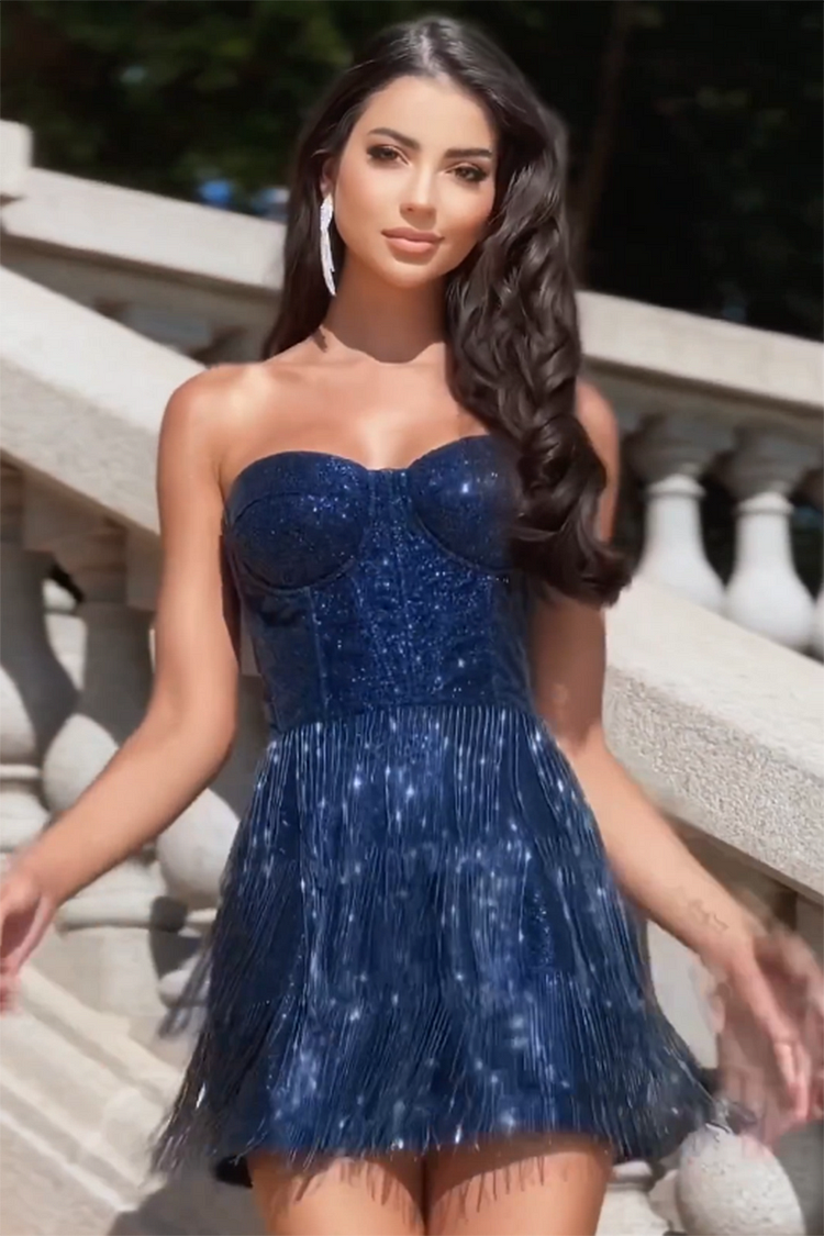 Pailletten Trägerloses Korsett Bodycon Fransen Prom Party Minikleider-Blau