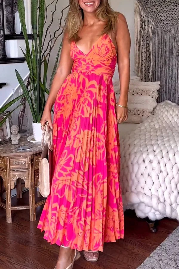 Hochzeitsparty-Saison – Midikleid mit Blumenmuster, plissiertem Rücken und Bindeband