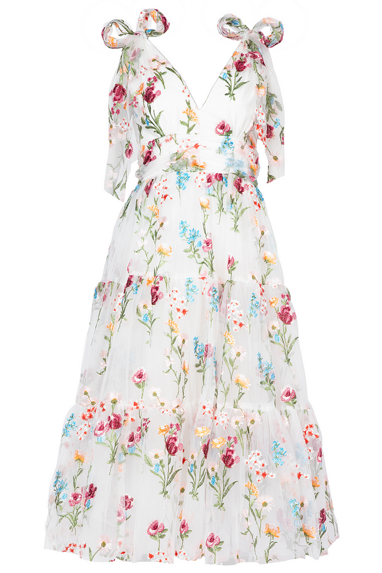 Geknotete Träger, tiefer V-Ausschnitt, Tüll, Blumendruck, gestuftes Plissee, weiße Midikleider