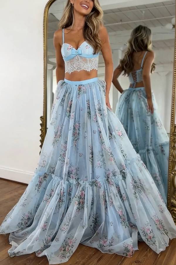 Vita Floral Satin Bow Lace Back Lace-up Crop Tank and Tulle High Rise A-line Maxi Skirt Set
