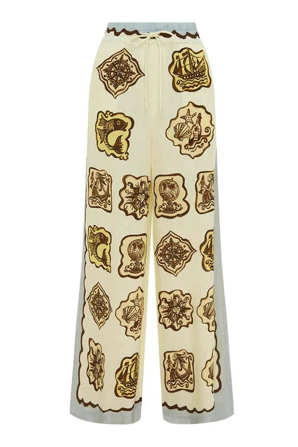 Lakeside Breeze – Hose aus Leinenmischung mit einzigartigem Druck und elastischer Taille und Tasche mit weitem Bein