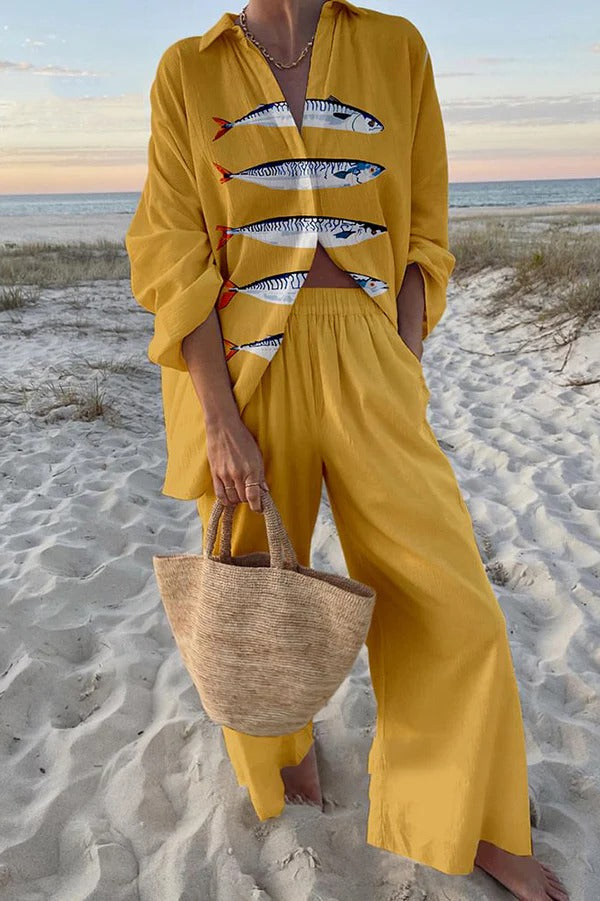 Einzigartiges Set mit Oversize-Hemd mit Ozean-Print und Hose mit elastischer Taille und Taschen