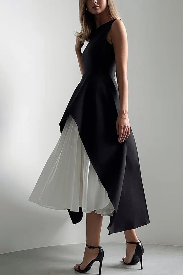 Ruhiges und elegantes A-Linien-Midikleid mit plissiertem Patchwork und unregelmäßigem Saum