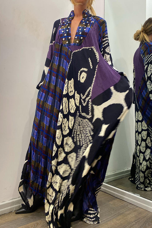 Kreatives Maxikleid mit Farbblock-Print und langen Ärmeln und Taschen