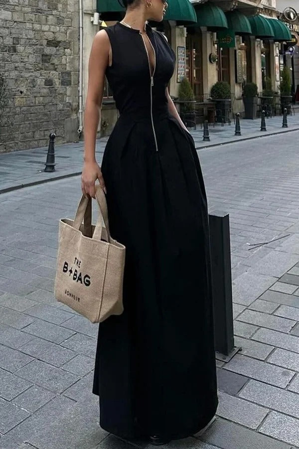 Robe longue élégante sans manches à col en V et fermeture éclair