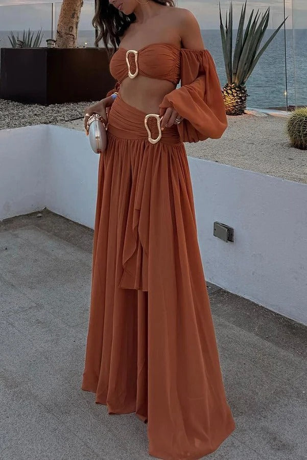 Urlaubs-Chic Chiffon High Rise Fließendes asymmetrisches drapiertes Maxirock-Set