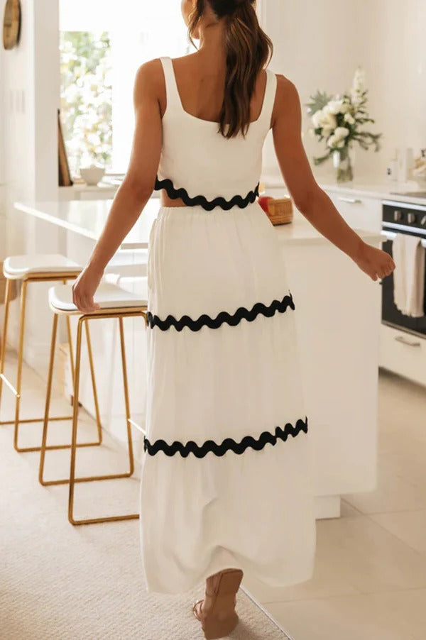 Ärmelloses, kurzes Tanktop mit Napa-Zickzack-Besatz und Maxirock mit Tasche und elastischer Taille mit Kordelzug