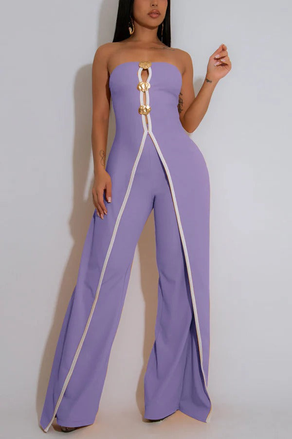 Fashionable Contrast Color Off-shoulder Metal Decoration Casual Elegant Jumpsuit