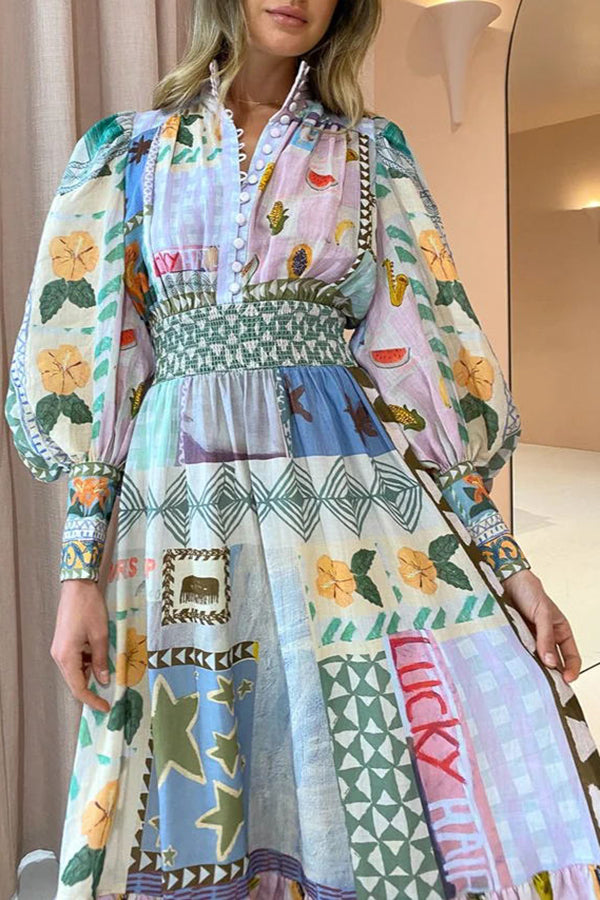 Verspielt schickes, einzigartiges Print-Midikleid mit Ballonärmeln und gesmoktem Bund