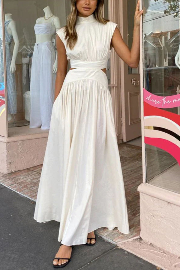 Im Urlaubsmodus – Maxikleid aus Baumwollmischung mit Aussparungen, elastischer Taille und Taschen