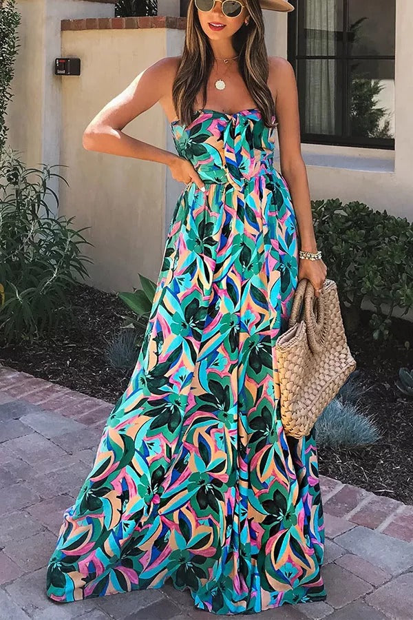 Paradise Calling – Schulterfreier Jumpsuit mit tropischem Print