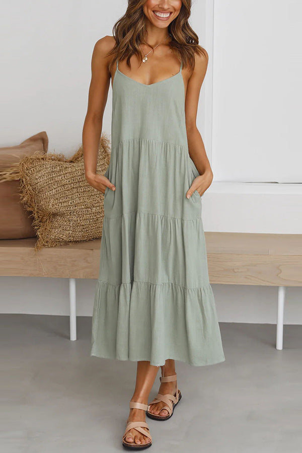 Robe mi-longue smockée en lin mélangé avec poches dans le dos