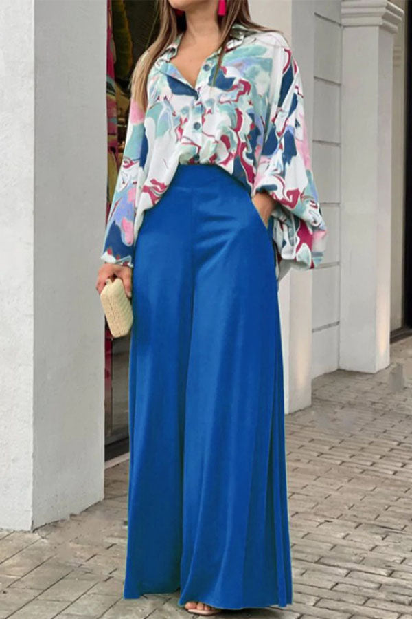 Zweiteiliges Set aus lässigem bedrucktem Hemd und Hose mit weitem Bein