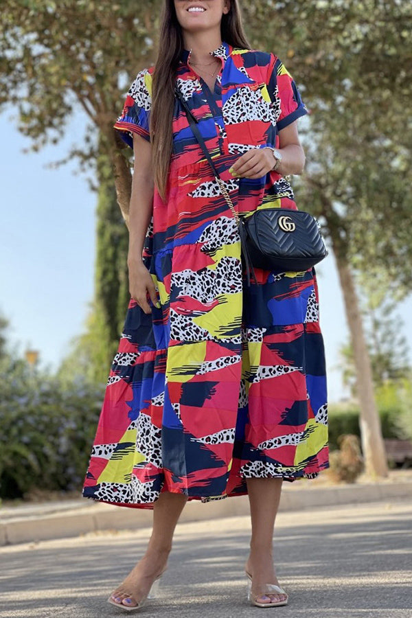 Always True – Bedrucktes, gestuftes Button-Down-Hemd mit entspanntem Midikleid