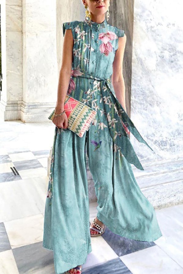 Perfect Style – Modischer Jumpsuit mit weitem Bein und Kunstdruck