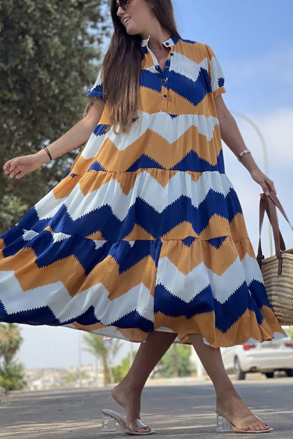 Always True – Bedrucktes, gestuftes Button-Down-Hemd mit entspanntem Midikleid