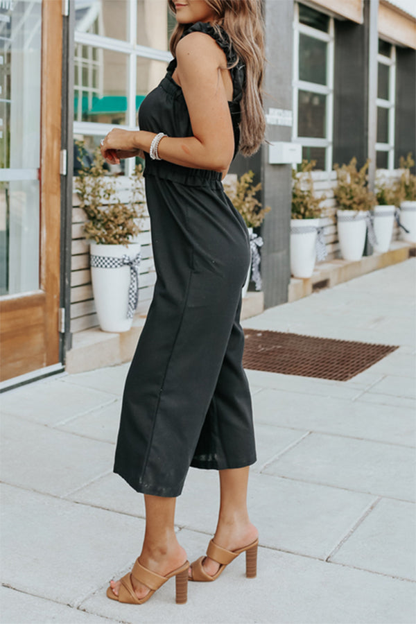 Lässiger, einfarbiger Jumpsuit mit Schlitz und quadratischem Kragen und geradem Schnitt