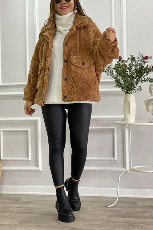 Manteau en peluche à poches doublées marron lait