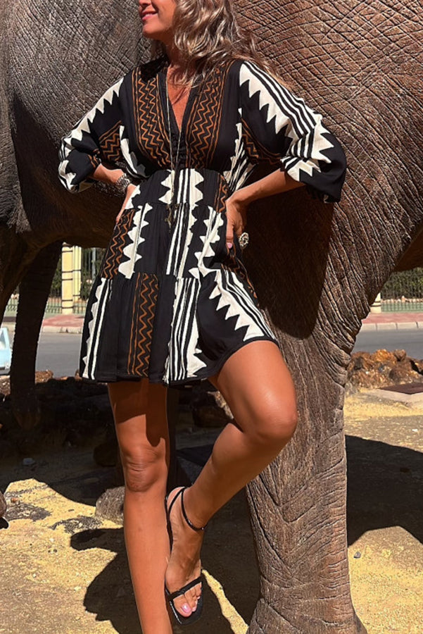 Babydoll-Minikleid mit Ethno-Print und elastischer Taille