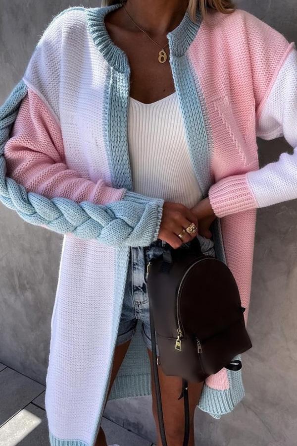 Gehäkelte Strickjacke mit Farbblock und rundem Kragen