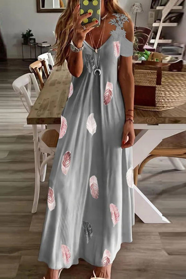 Robe longue droite à manches froides et imprimé en dentelle contrastée Viana