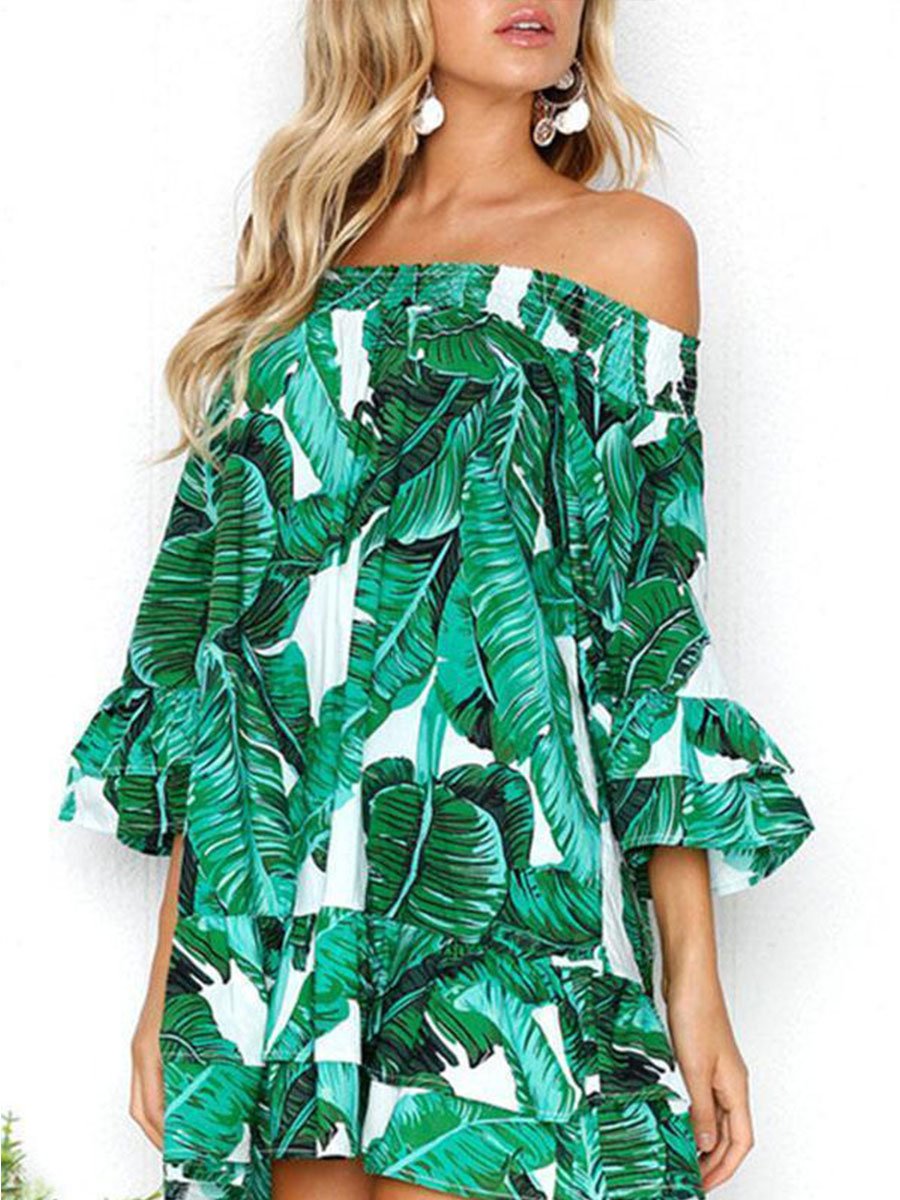 Mini-robe de plage à volants et épaules dénudées (2 couleurs)
