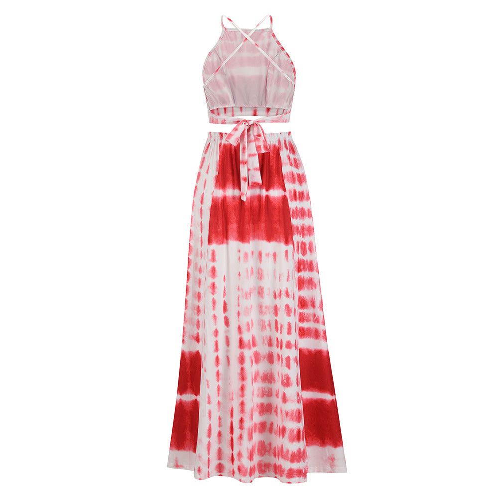 Ensemble deux pièces haut à bretelles et jupe évasée à la mode pour femme avec taille à la taille et grande jupe évasée