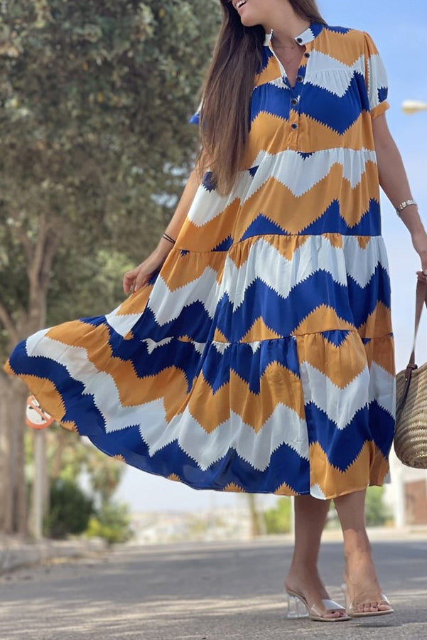 Always True – Bedrucktes, gestuftes Button-Down-Hemd mit entspanntem Midikleid