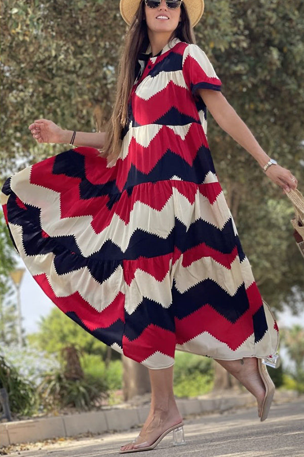 Always True – Bedrucktes, gestuftes Button-Down-Hemd mit entspanntem Midikleid