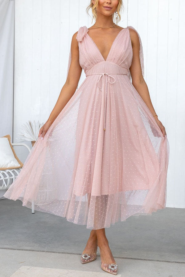 Robe mi-longue d'été Cendrillon en tulle à pois et bretelles nouées