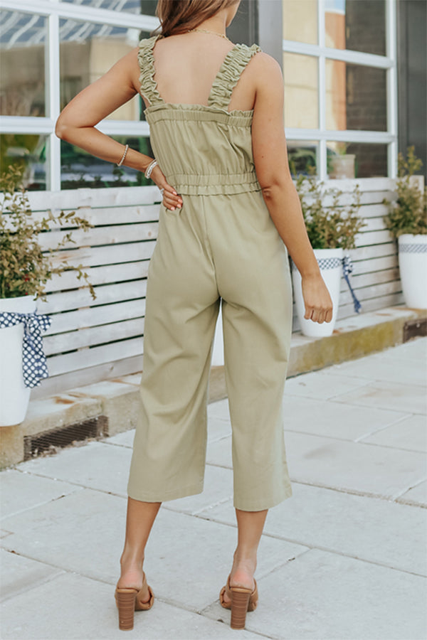Lässiger, einfarbiger Jumpsuit mit Schlitz und quadratischem Kragen und geradem Schnitt