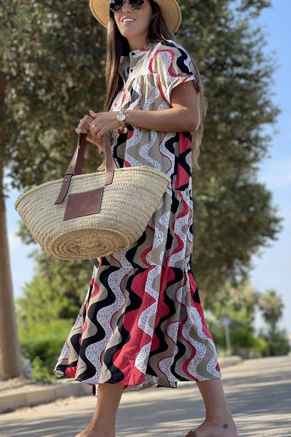 Always True – Bedrucktes, gestuftes Button-Down-Hemd mit entspanntem Midikleid