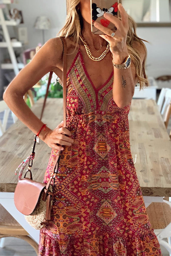 Celeste Boho Maxikleider mit bedruckten Trägern und elastischer Taille