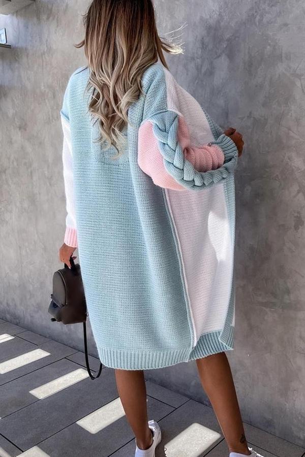 Gehäkelte Strickjacke mit Farbblock und rundem Kragen