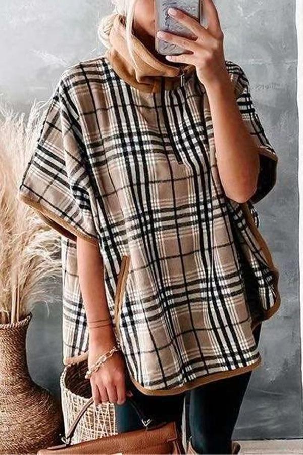 Plaid Batwing Sleeve Fleece Cape