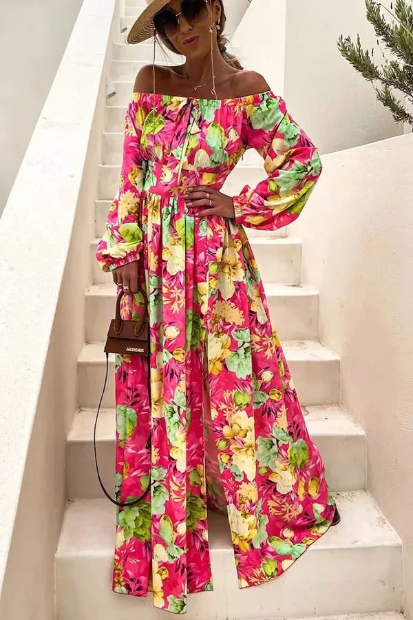 Schulterfreies Maxikleid mit tropischem Muster