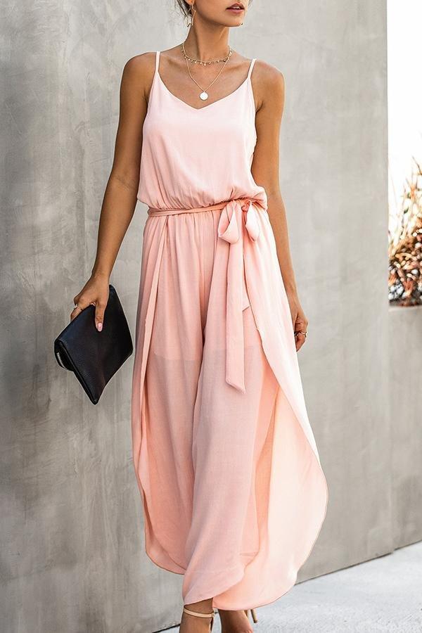 Modischer Jumpsuit mit V-Ausschnitt, weitem Bein und Schlitz (mit Gürtel)