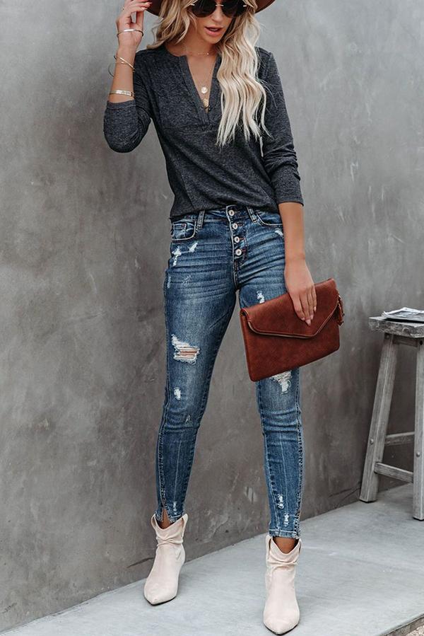 Langarm-Oberteil mit V-Ausschnitt